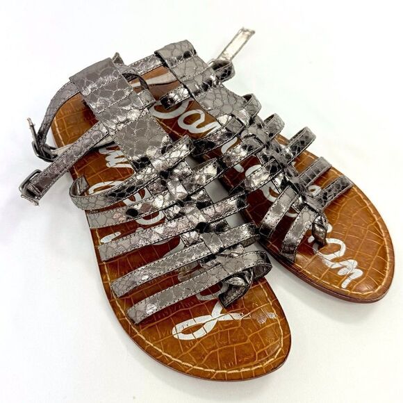 Sam Edelman GILDA Gunmetal Silver Snakeskin Open Toe Buckle Gladiator Sandals - Picture 6 of 10